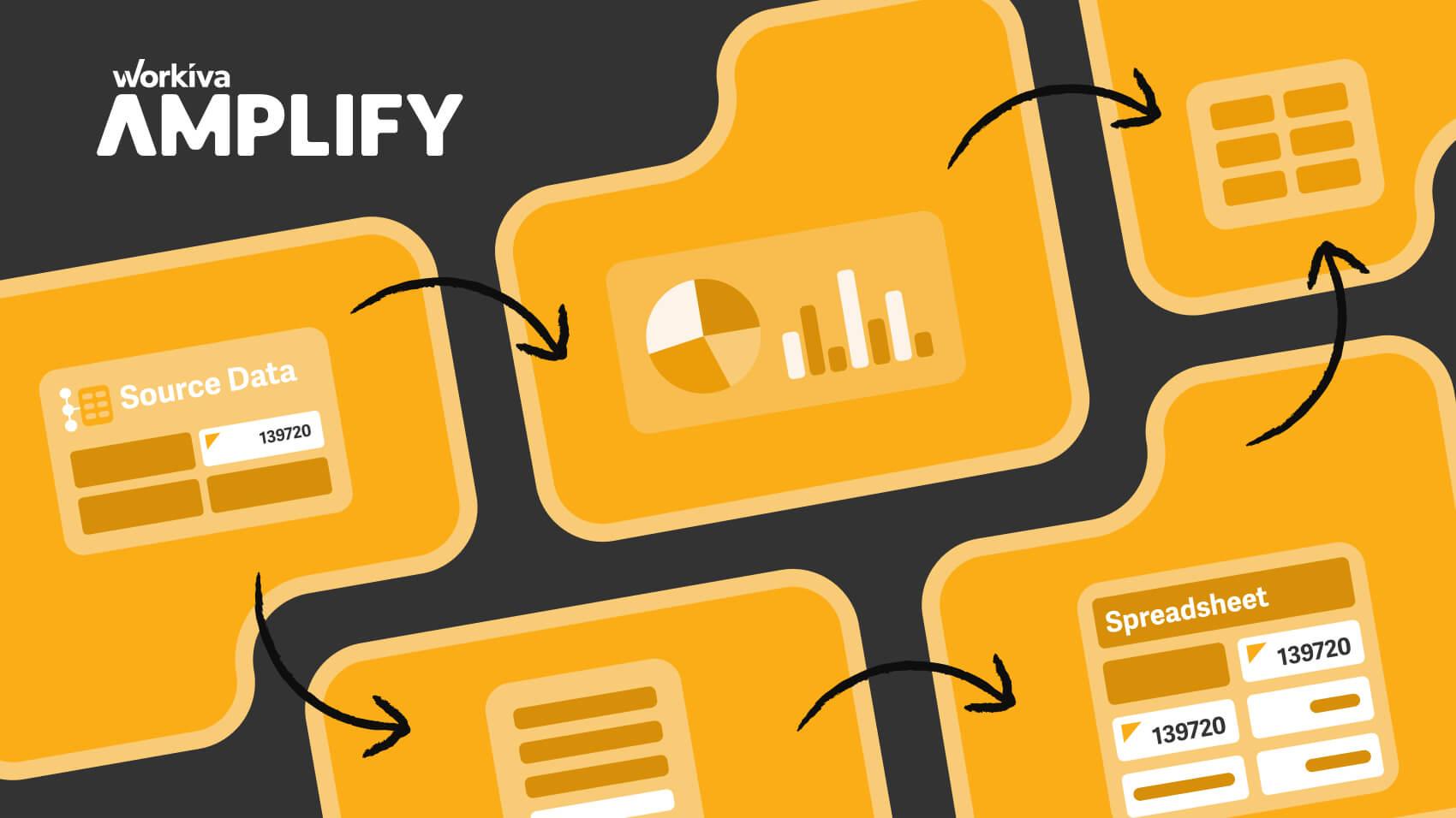 Orange folders, graphs, and charts for the Amplify Accounting & Finance track