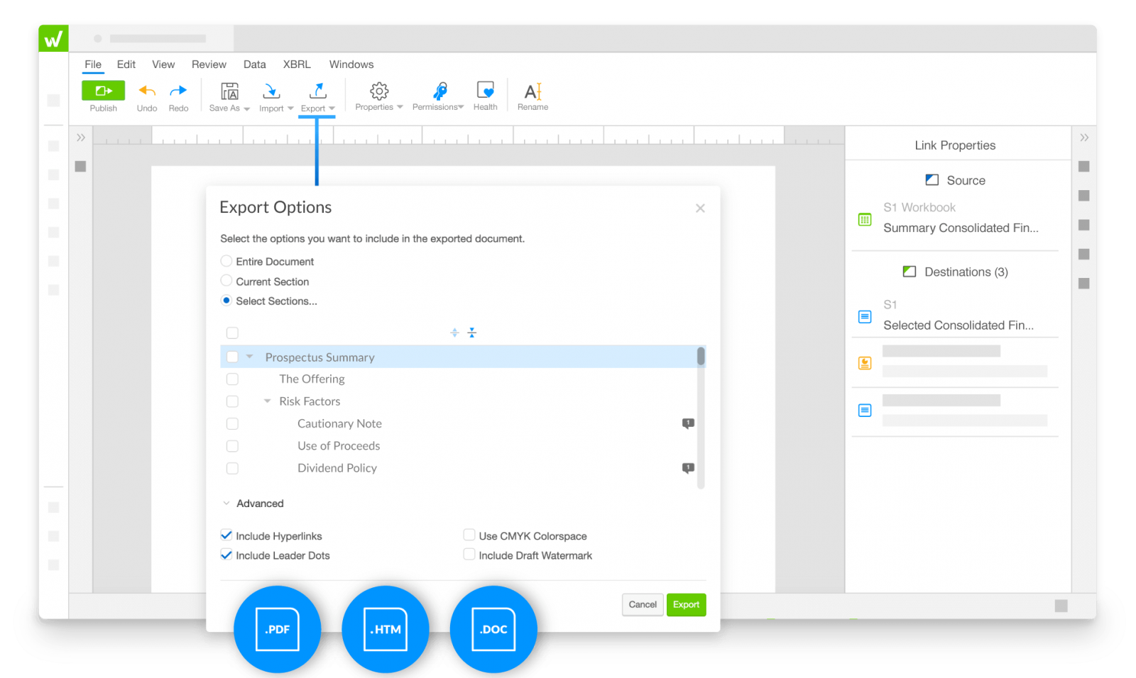 export options within the workiva platform