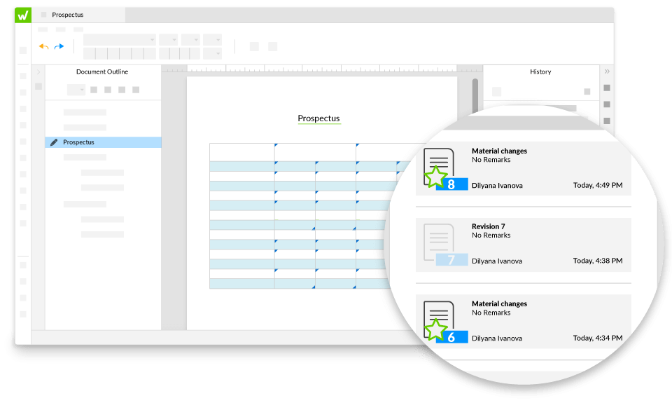 workiva platform interface showing the document history panel