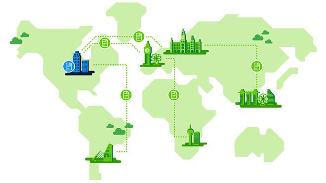 World map showing a company with multiple entities around the globe